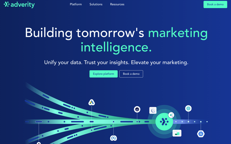 Adverity homepage with abstract data stream graphic connecting marketing platforms to a central hub