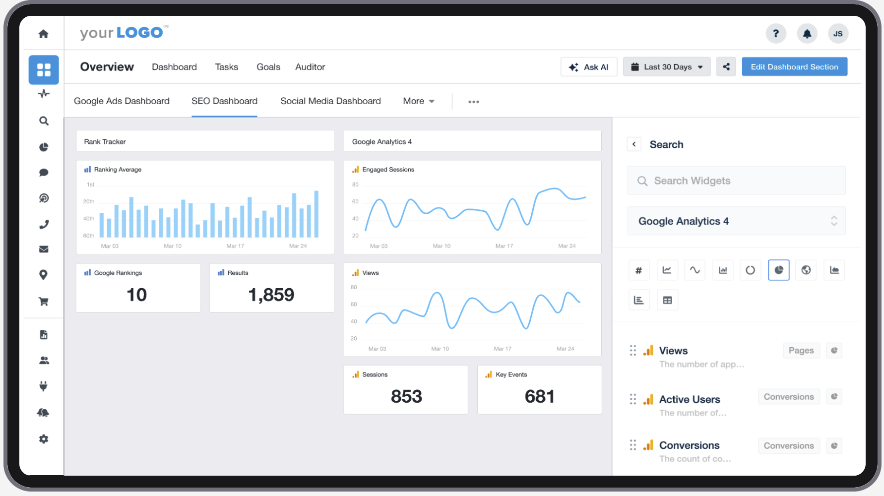 Screenshot of someone building a custom dashboard for Agency reporting in AgencyAnalytics