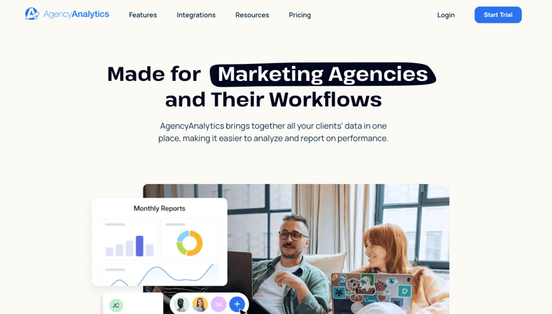 AgencyAnalytics homepage with two people working on laptops and visual elements showing client reporting dashboards