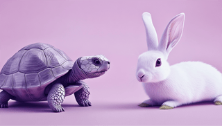 A tortoise and a hare representing the fable about slow and steady winning the race 