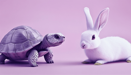 A tortoise and a hare representing the fable about slow and steady winning the race