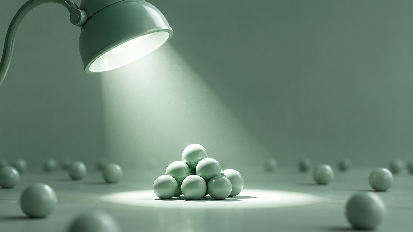 A spotlight repeatedly illuminating the same small cluster of identical spheres while the rest of the room fades into darkness