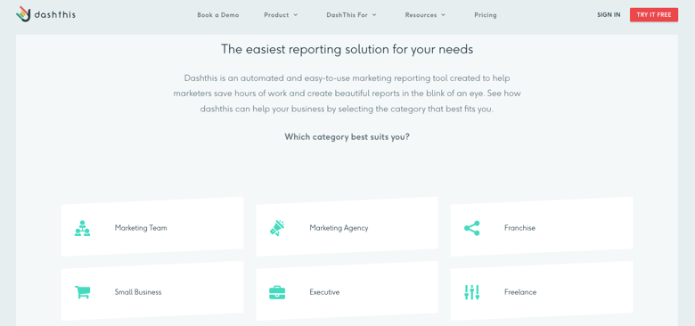 Six category options for DashThis users including marketing teams, agencies, and small businesses
