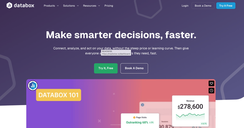 Databox homepage with headline “Make smarter decisions, faster”
