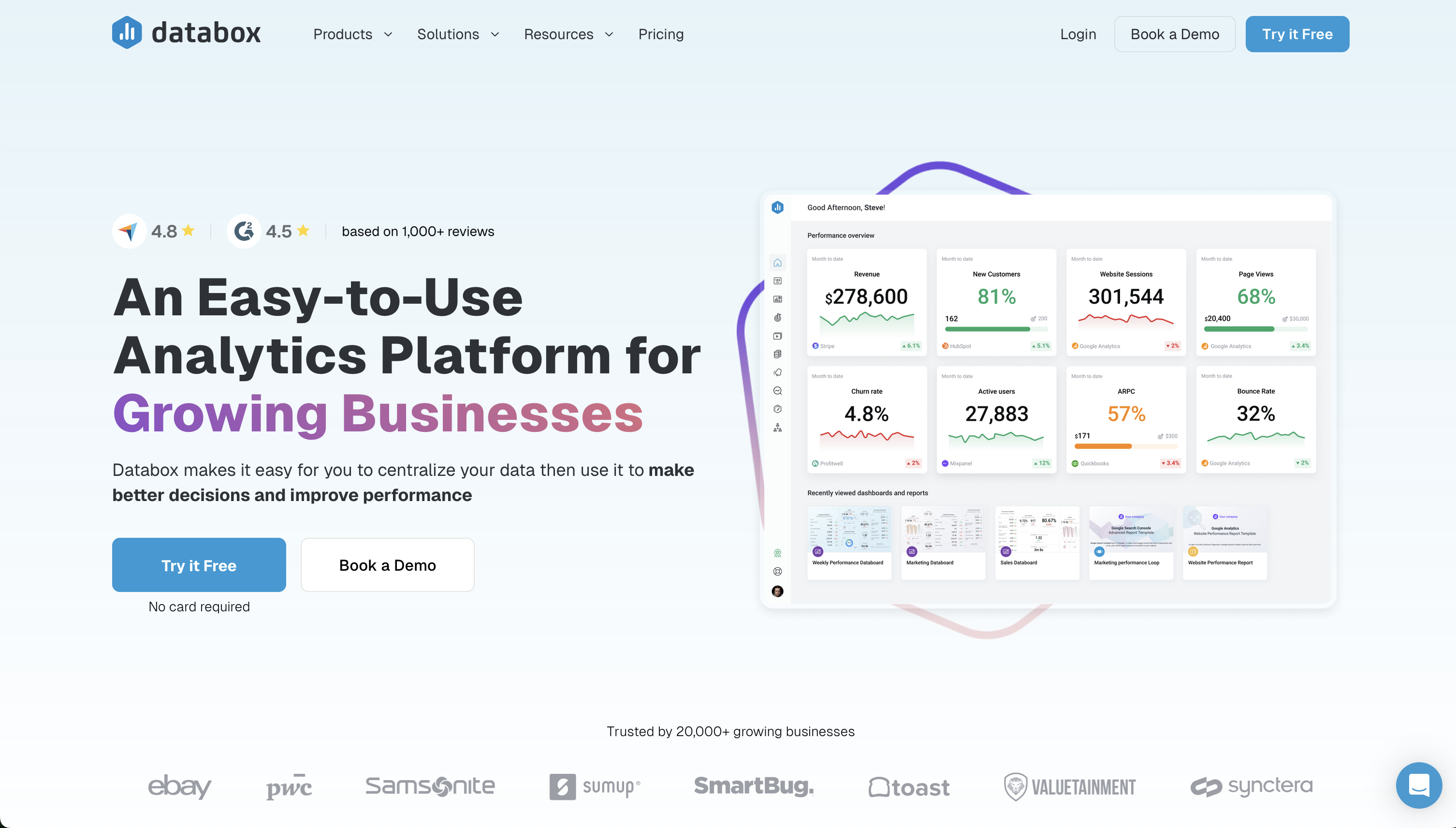Databox analytics platform homepage