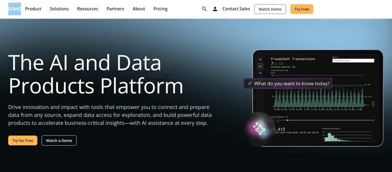 Domo homepage showing headline “The AI and Data Products Platform” with a dashboard illustration