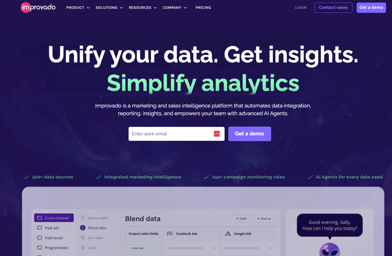 Improvado homepage with callouts for data integration, automated reporting, and marketing intelligence features