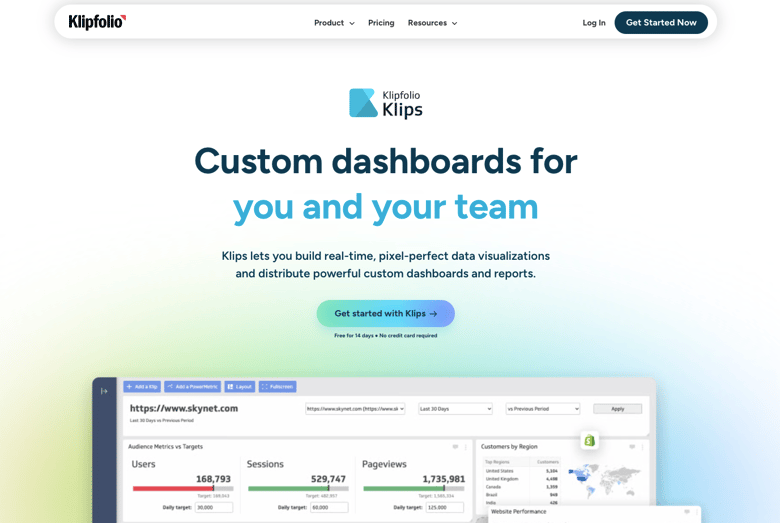  Klipfolio homepage with dashboard preview and callout for building custom data visualizations