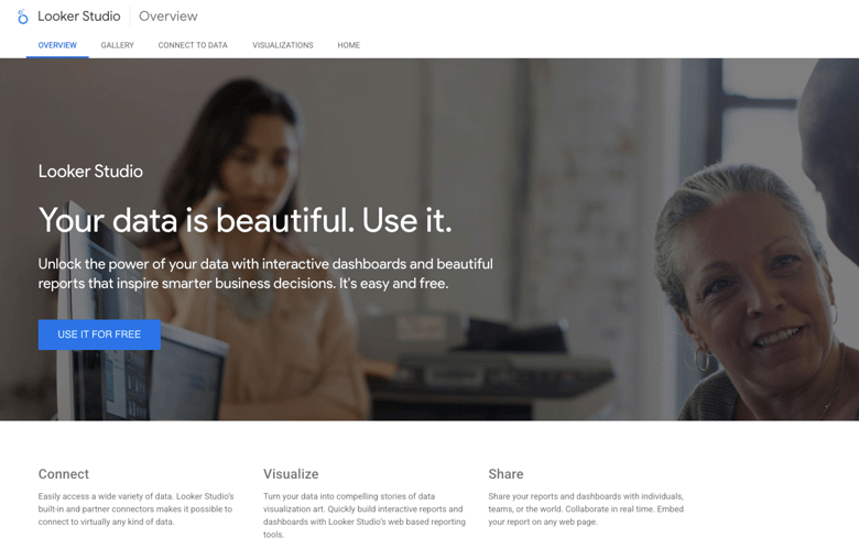 Looker Studio interface promoting data visualization and sharing capabilities