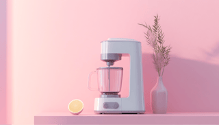 A blender on a pink pastel background. 