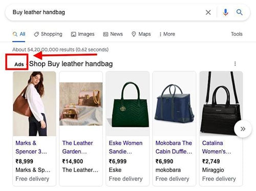 PPC example to buy leather handbags