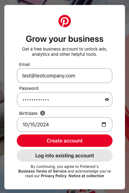 Pinterest business account login information