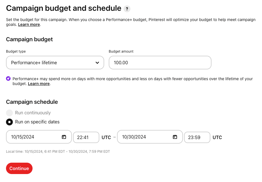 Pinterest manual campaign budget and schedule