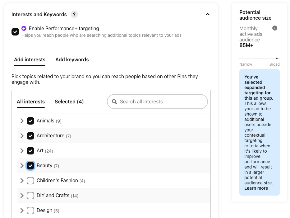 Pinterest manual campaign interest and keywords