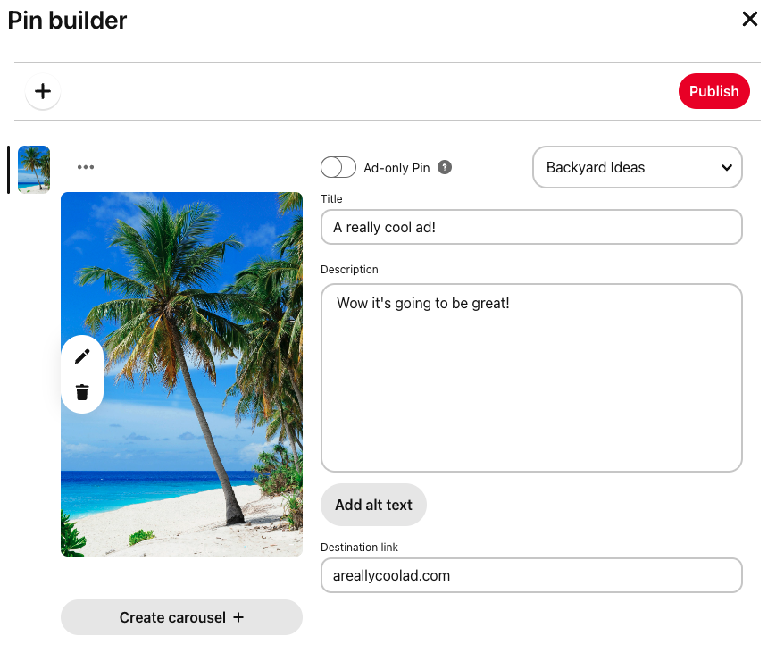 Pinterest manual campaign pin builder