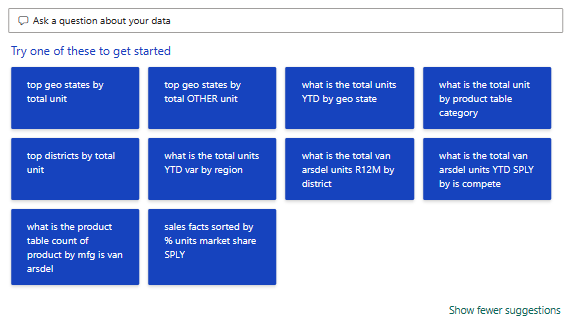 A screenshot with examples of the Q&A function in Power BI.