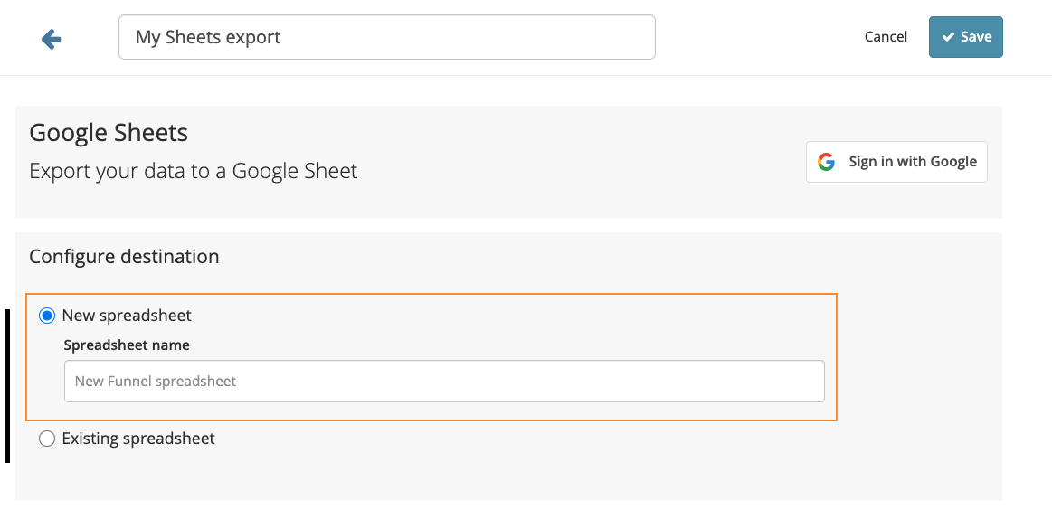 Create a new Google Sheet right from Funnel's export