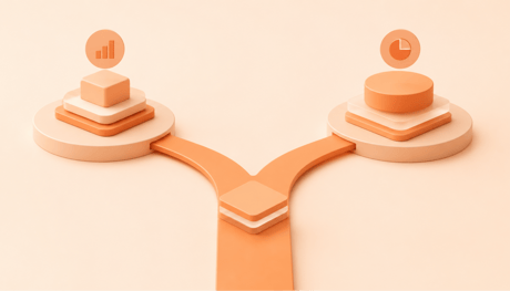 Abstract illustration of layered geometric forms representing the choice between two categories of marketing measurement platforms