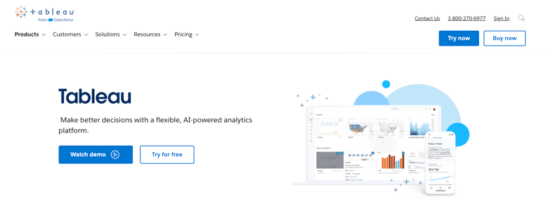 Tableau homepage with headline and analytics dashboard illustration on desktop and mobile devices