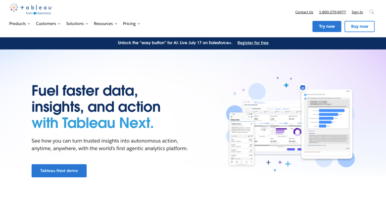 Tableau homepage with product dashboards and visualizations showing data insights and automation features