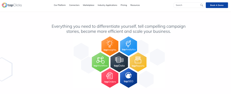 TapClicks page showing platform tools including tapInsights, tapAnalytics, tapData, tapWorkflow, tapReports, tapOrders, and tapSEO