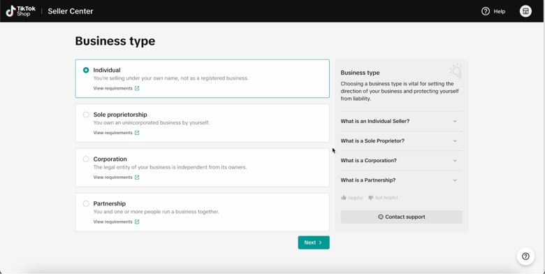 TikTok Seller Center Business Type