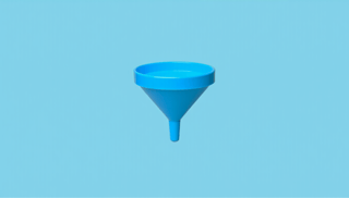 A plastic kitchen funnel on a pastel background. 