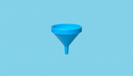 A plastic kitchen funnel on a pastel background.