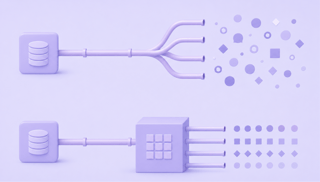 A flat vector graphic comparing a single ETL pipeline that splits into messy data points versus a structural block that aligns data streams 