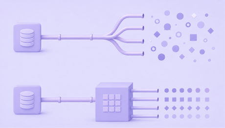 A flat vector graphic comparing a single ETL pipeline that splits into messy data points versus a structural block that aligns data streams