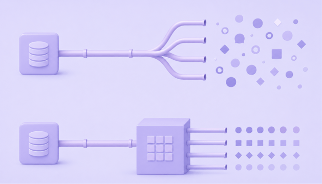 A flat vector graphic comparing a single ETL pipeline that splits into messy data points versus a structural block that aligns data streams