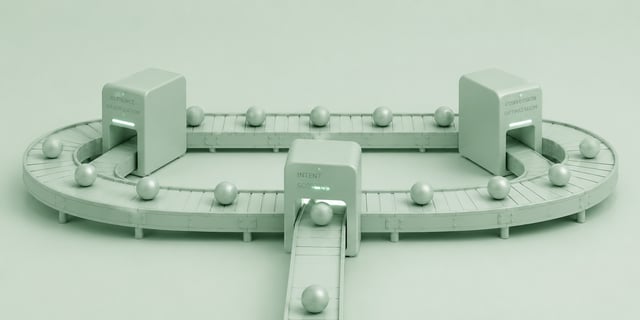 A conveyor belt endlessly recycling the same small group of identical spheres through scanning machines 