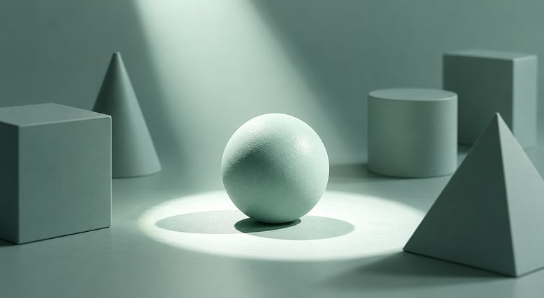 Minimalist spotlight illuminating one object while surrounding objects remain partially hidden in shadow