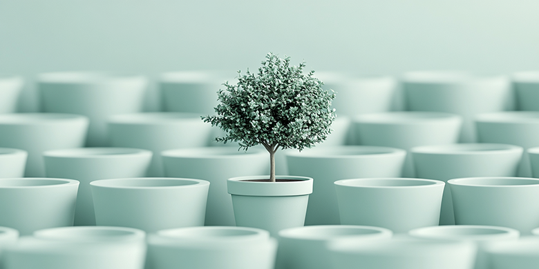 a healthy tree in a pot surrounded by larger pots