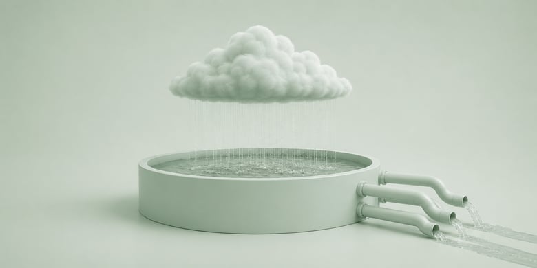 One large cloud producing rain into a circular reservoir while smooth industrial pipes quietly extract water downstream