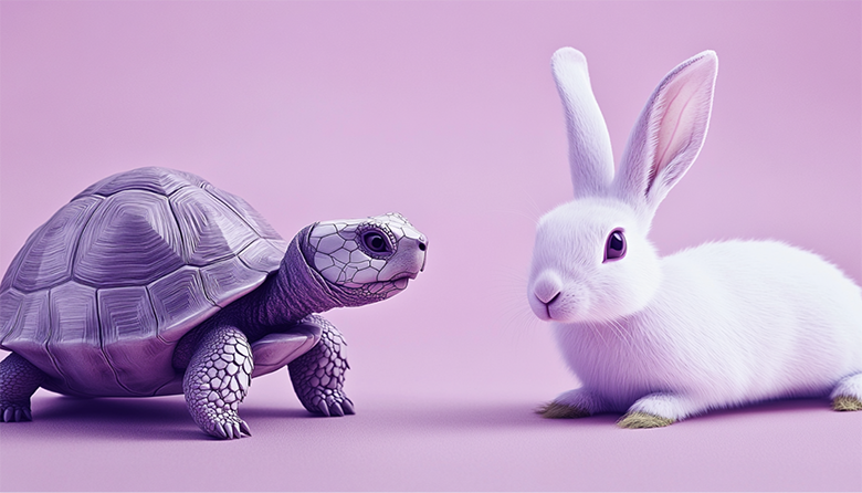 A tortoise and a hare representing the fable about slow and steady winning the race