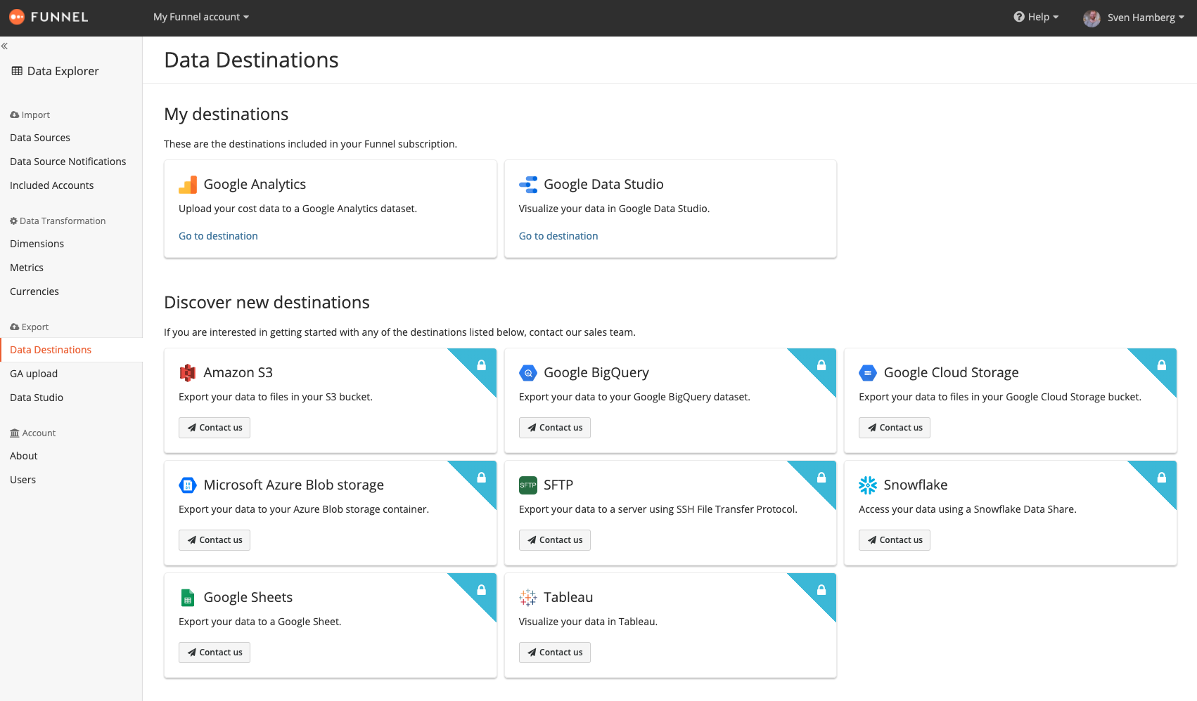 Data destinations page