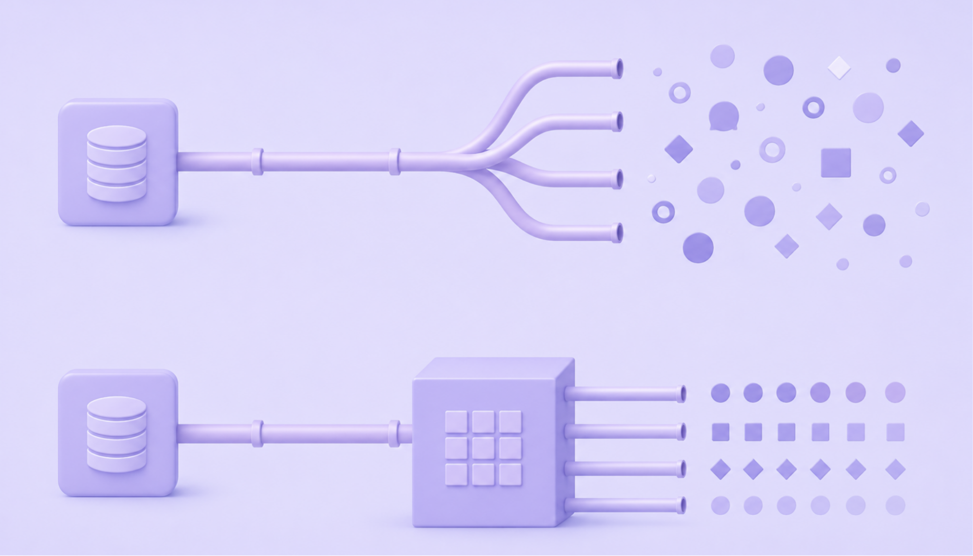 A flat vector graphic comparing a single ETL pipeline that splits into messy data points versus a structural block that aligns data streams