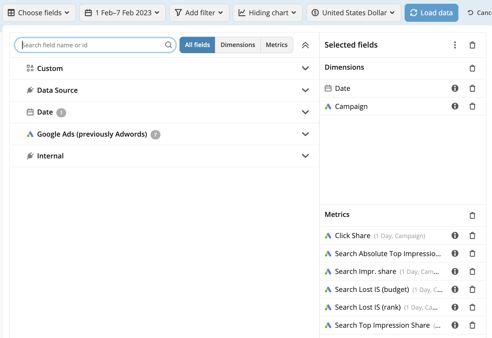 Select dimensions and metrics