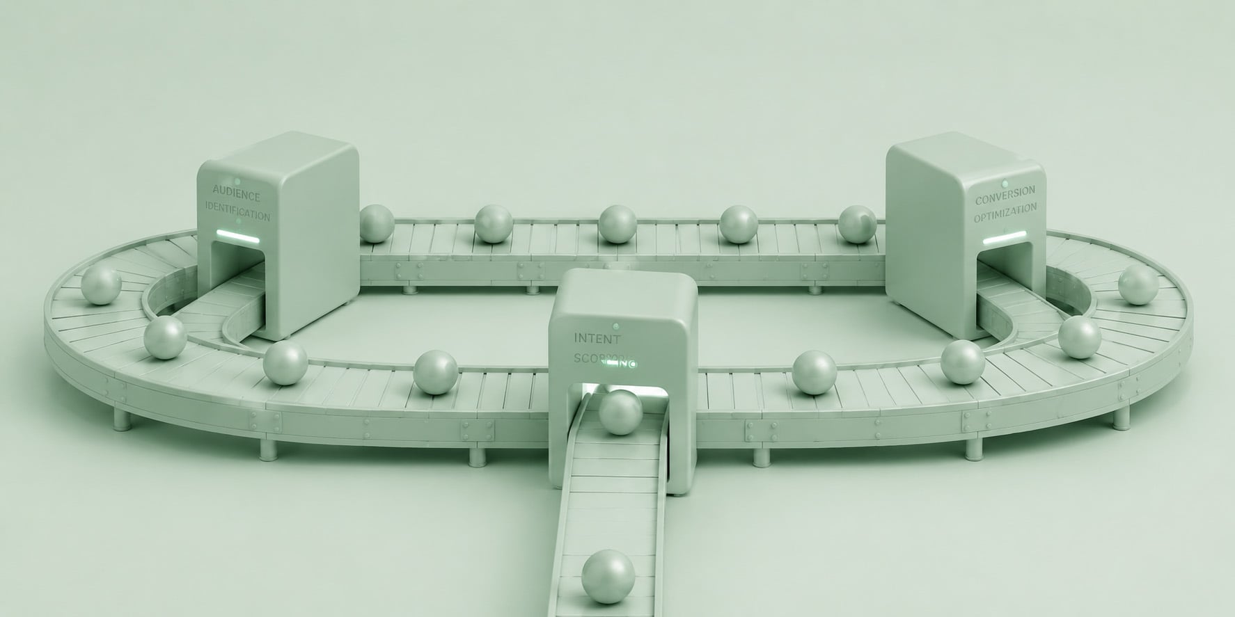 A conveyor belt endlessly recycling the same small group of identical spheres through scanning machines 