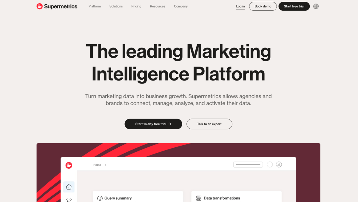 Supermetrics homepage with bold headline and platform preview showing data transformation features