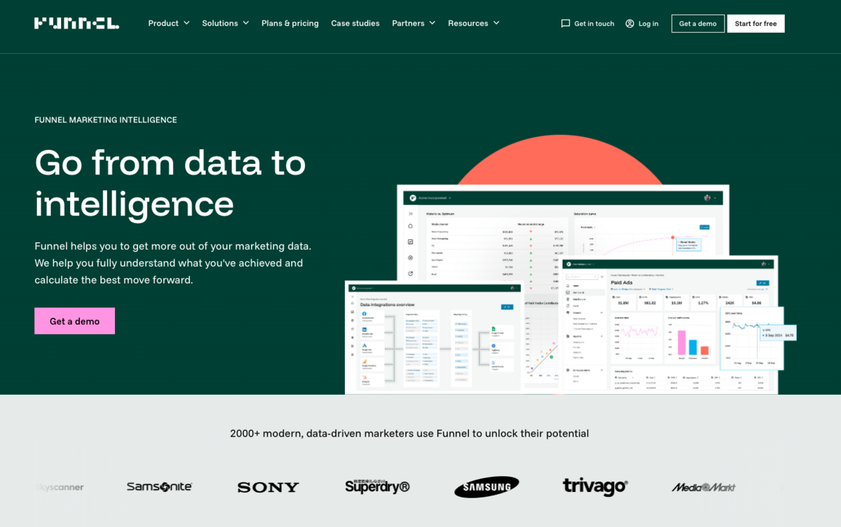 Funnel homepage showing example dashboards with marketing performance metrics, data integrations, and visual analytics for campaign tracking.