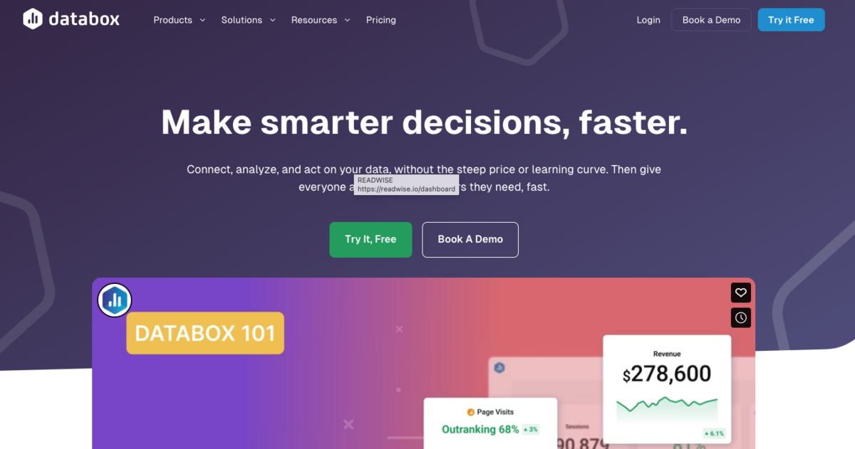  Databox homepage with headline “Make smarter decisions, faster”