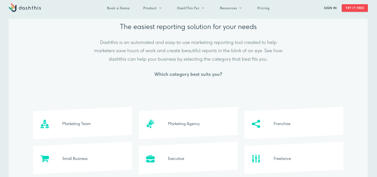 Six category options for DashThis users including marketing teams, agencies, and small businesses